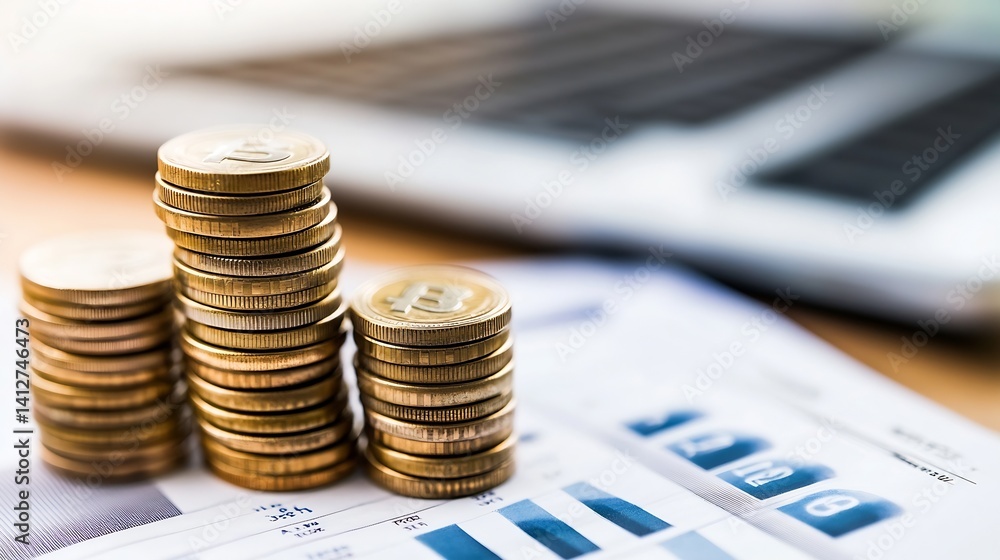 Poster stacked coins on financial documents indicating investment growth : generative ai