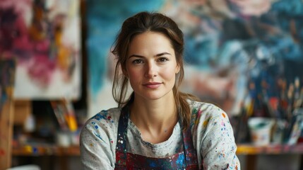 A young European female artist poses confidently in her studio, surrounded by colorful artwork and painting tools, showcasing her creative spirit and passion for art.