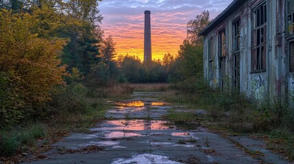 Abandoned industrial site at sunrise