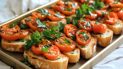 Roasted tomato and basil bruschetta on toasted baguette slices, served on a rectangular tray with parsley garnish