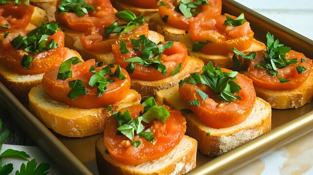 Roasted tomato and basil bruschetta on toasted baguette slices, served on a rectangular tray with parsley garnish