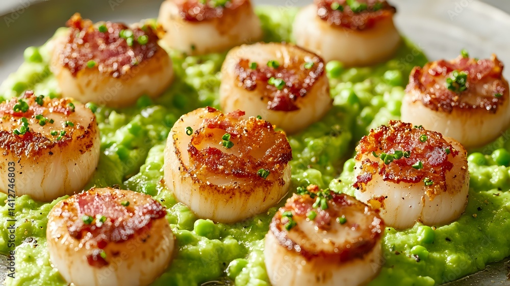 Poster seared scallops with pea puree and crispy pancetta, beautifully arranged in a circular pattern, soft