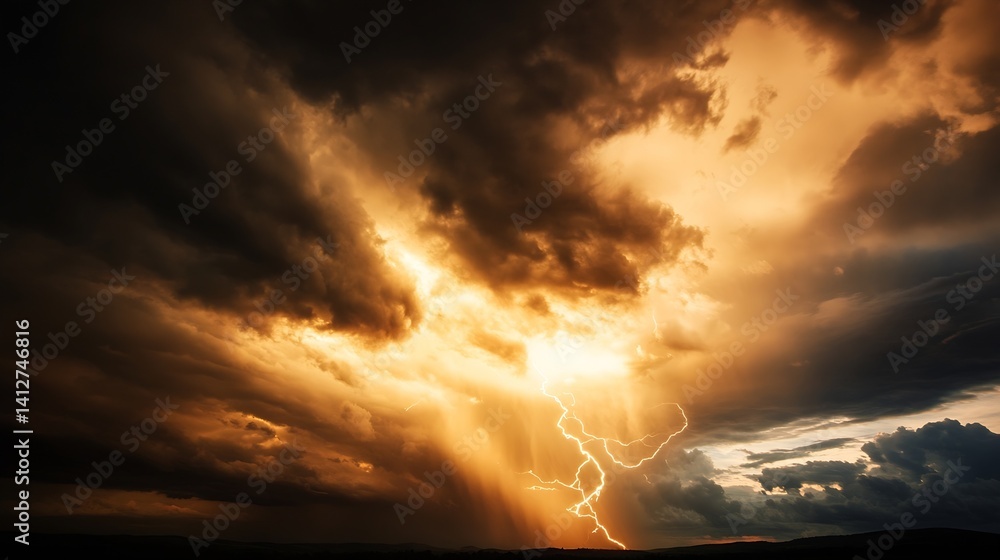 Poster Dramatic sky with lightning strikes and dark storm clouds creating a powerful and awe inspiring natural scene : Generative AI