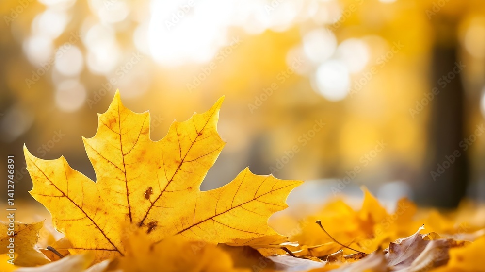 Aufkleber vibrant yellow maple leaf resting on the ground surrounded by fallen autumn leaves and warm sunlight