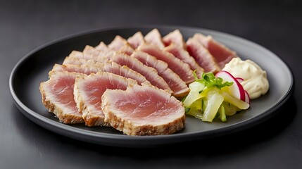 Seared tuna slices with wasabi mayo and pickled radish, arranged artistically on a modern plate, sharp and minimal