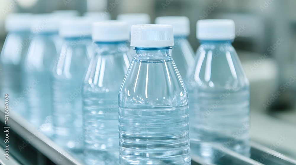 Poster close-up view of clear plastic bottles and containers on a production line in a factory