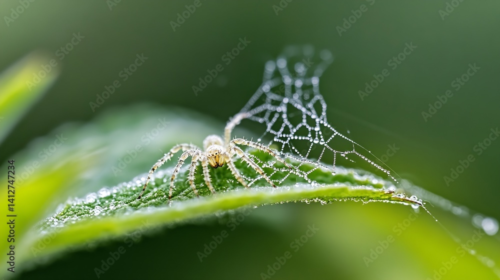 Poster Close-Up of a Spider on a Leaf Spinning Web with Dew Drops in a Soft Green Background : Generative AI