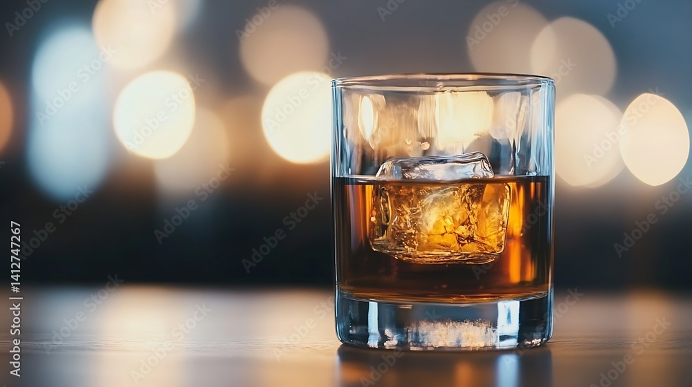 Aufkleber elegant glass of whiskey with ice against a blurred background of soft glowing lights : generative a