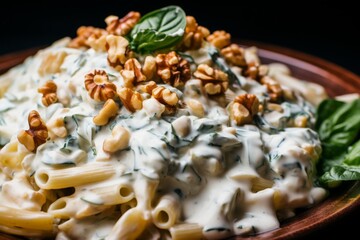 close up of a healthy whole wheat pasta with gorgonzola sauce,spinach and walnuts