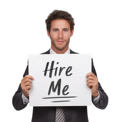 Businessman holds up sign with words "Hire Me",PNG,clipart,transparent background,human resource