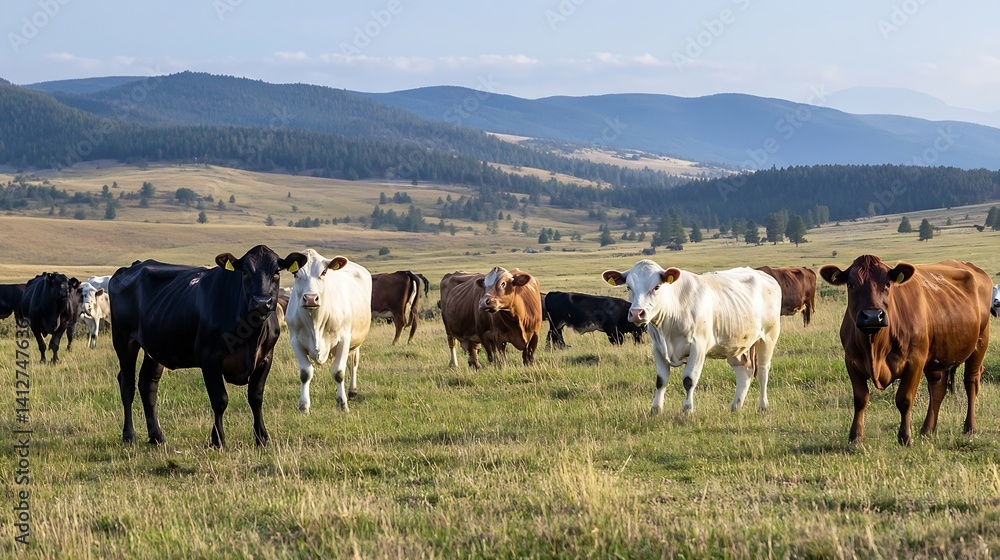 Poster cattle roaming freely in a green pasture with mountains in the background depicting rural life : gen
