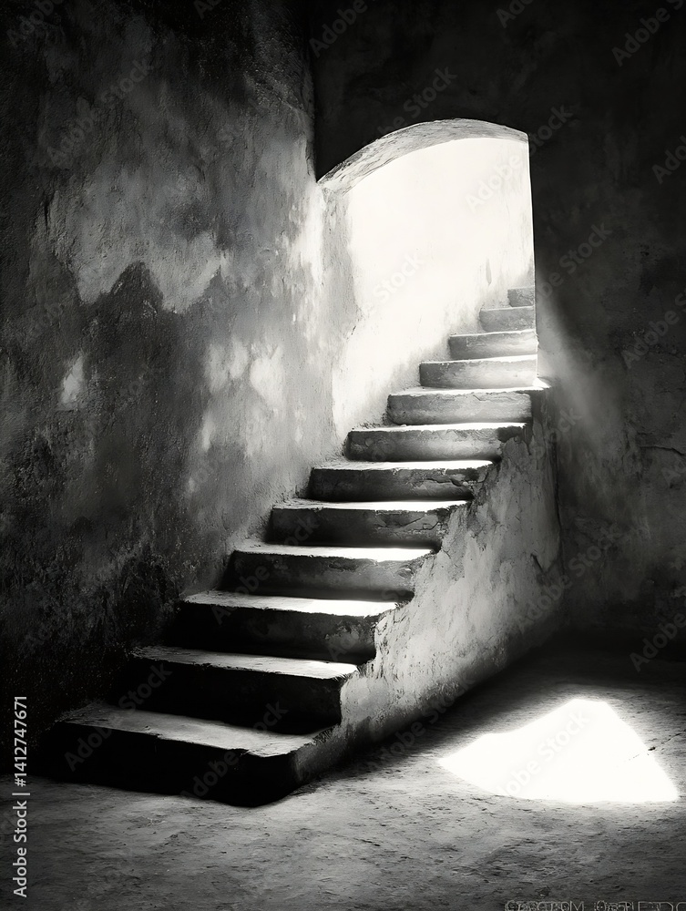 Poster mysterious black and white staircase leading to light with shadows : generative ai
