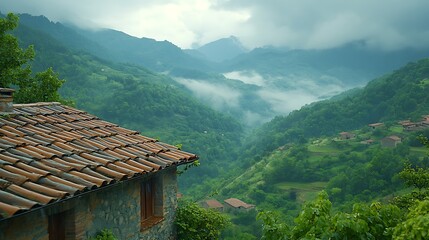 Obraz premium Mountain Village Misty Valley View