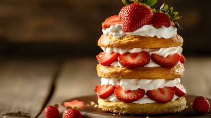 Strawberry shortcake with whipped cream and fresh strawberries, stacked neatly with garnish and clear detail, warm light