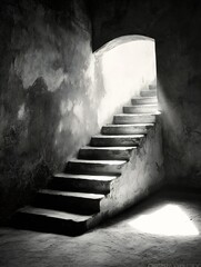 Obraz premium Mysterious Black and White Staircase Leading to Light with Shadows : Generative AI