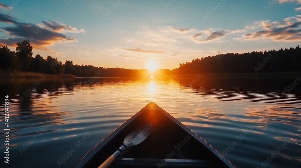 Aufkleber scenic sunset reflection on calm lake with kayak at dusk : generative ai