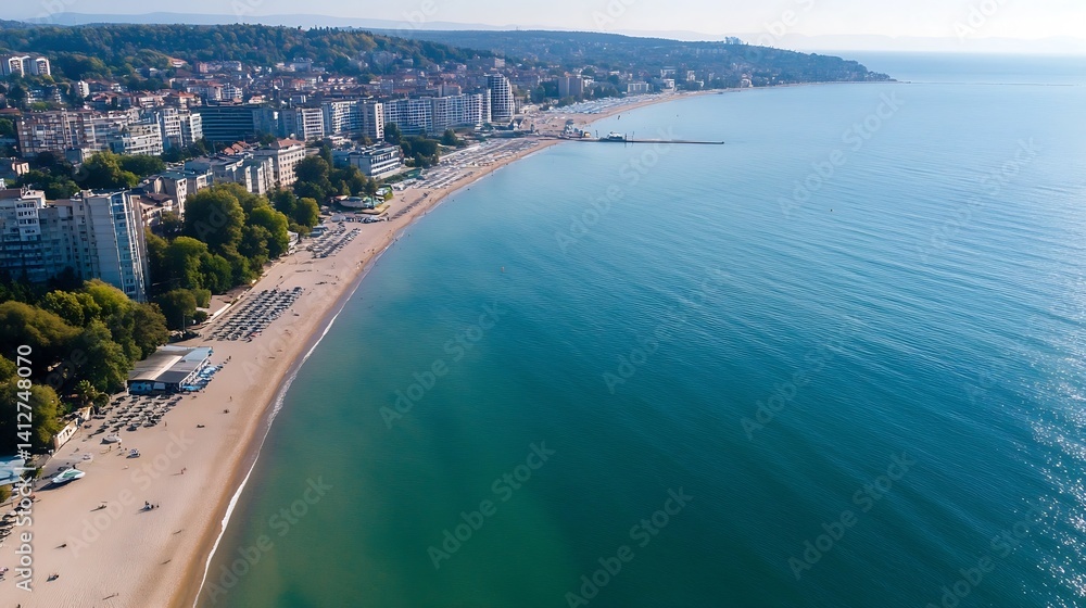Poster aerial view of a sandy beach with turquoise waters and urban skyline in the background : generative 