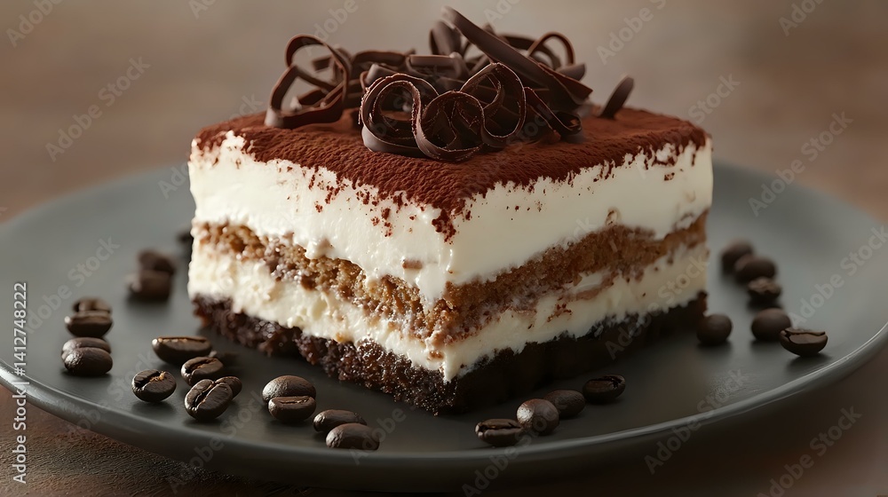Poster tiramisu slice with layered cream and cocoa topping, plated with chocolate curls and coffee bean acc