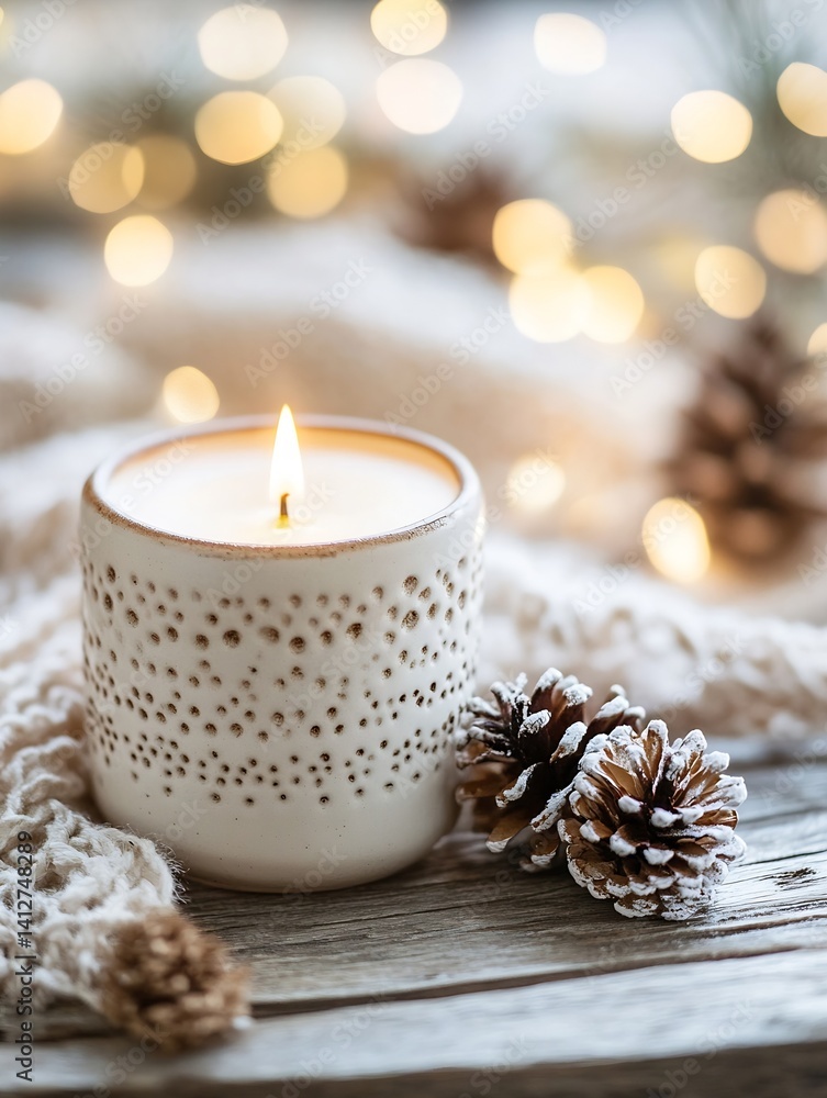 Poster cozy candle with natural light and festive pine cones creating a warm atmosphere : generative ai