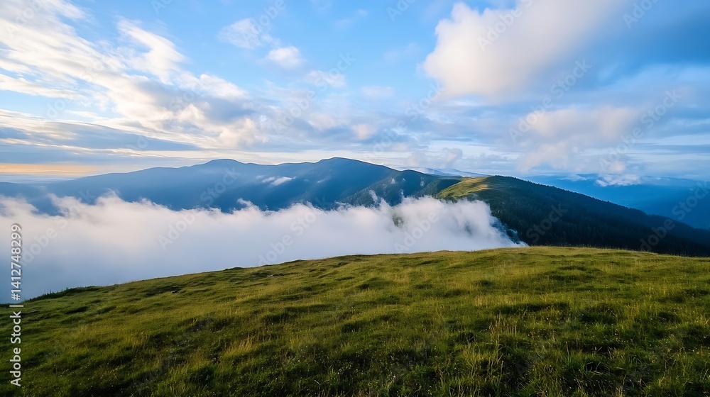 Poster breathtaking mountain landscape with rolling hills and a blanket of clouds in the valley : generativ
