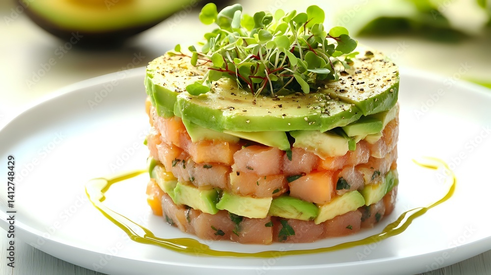 Poster tuna tartare with avocado and microgreens stacked in layers, served on a white plate with drizzle, e