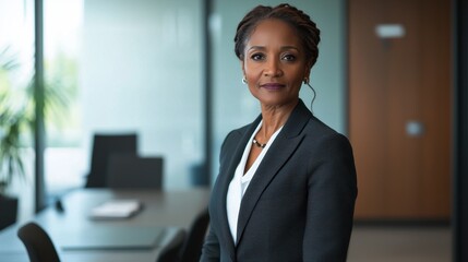 A professional middle-aged Black woman in a tailored suit stands confidently in an office setting, showcasing elegance and leadership in a modern corporate environment.