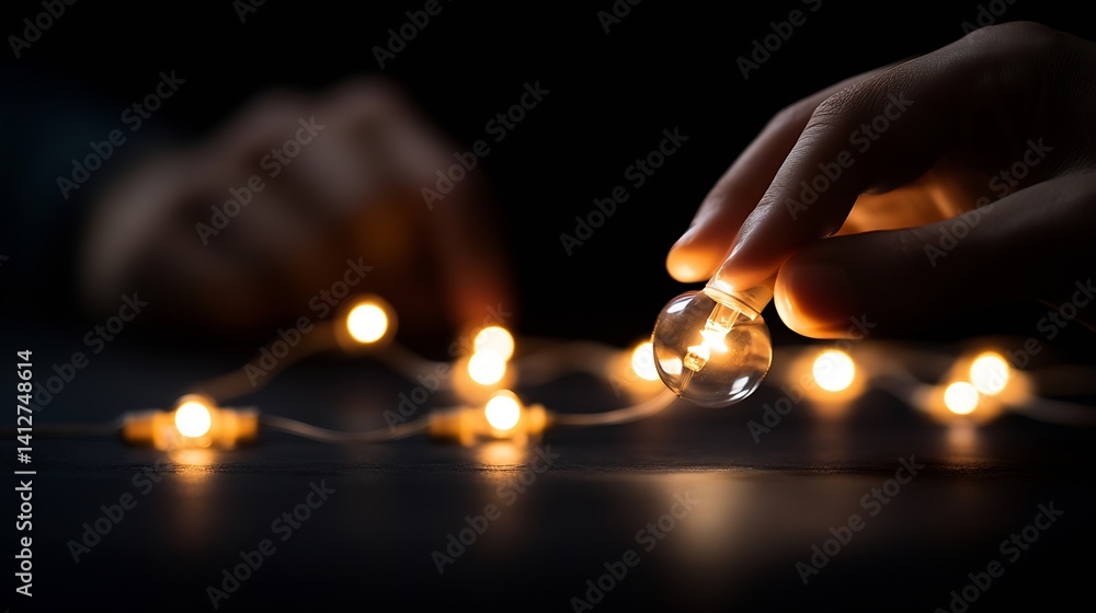 Aufkleber enchanting close up of warm glowing fairy lights in dark setting with hands delicately holding a lig