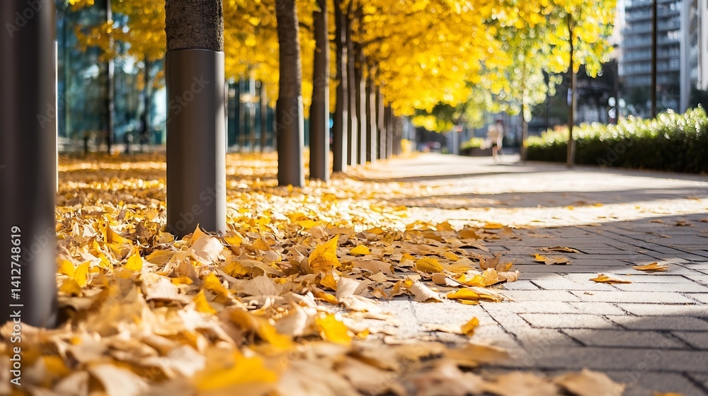 Poster scenic pathway covered with yellow autumn leaves and dappled sunlight in the park : generative ai