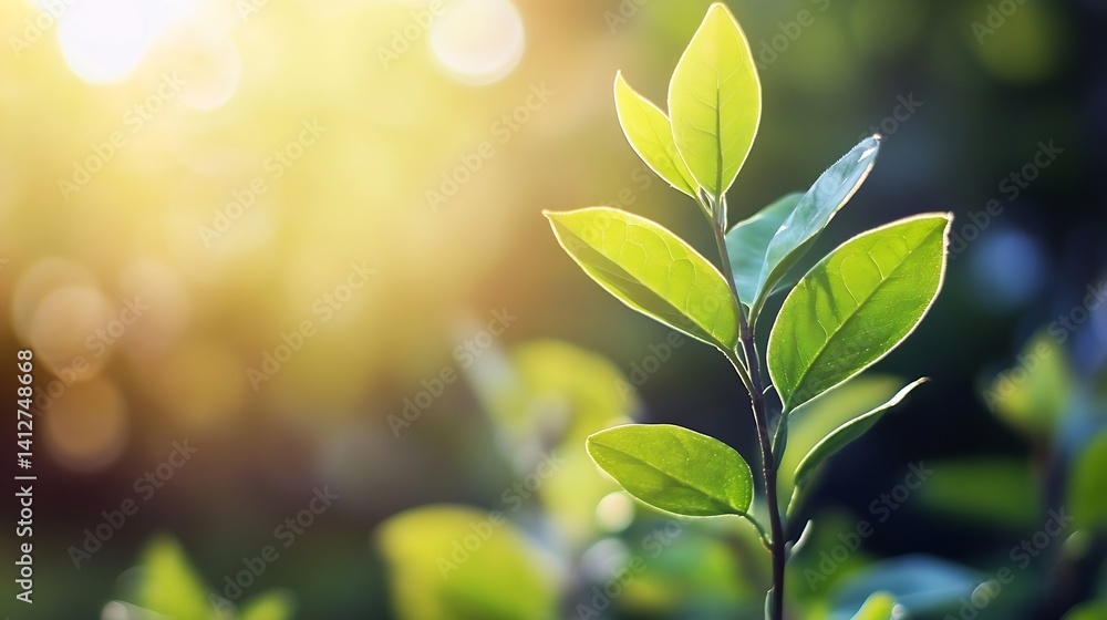 Aufkleber Fresh green leaves illuminated by golden sunlight creating a serene atmosphere of nature and growth : Generative AI