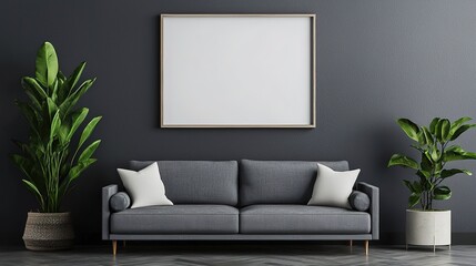 Modern living room with blank frame urban apartment interior design cozy environment minimalist viewpoint