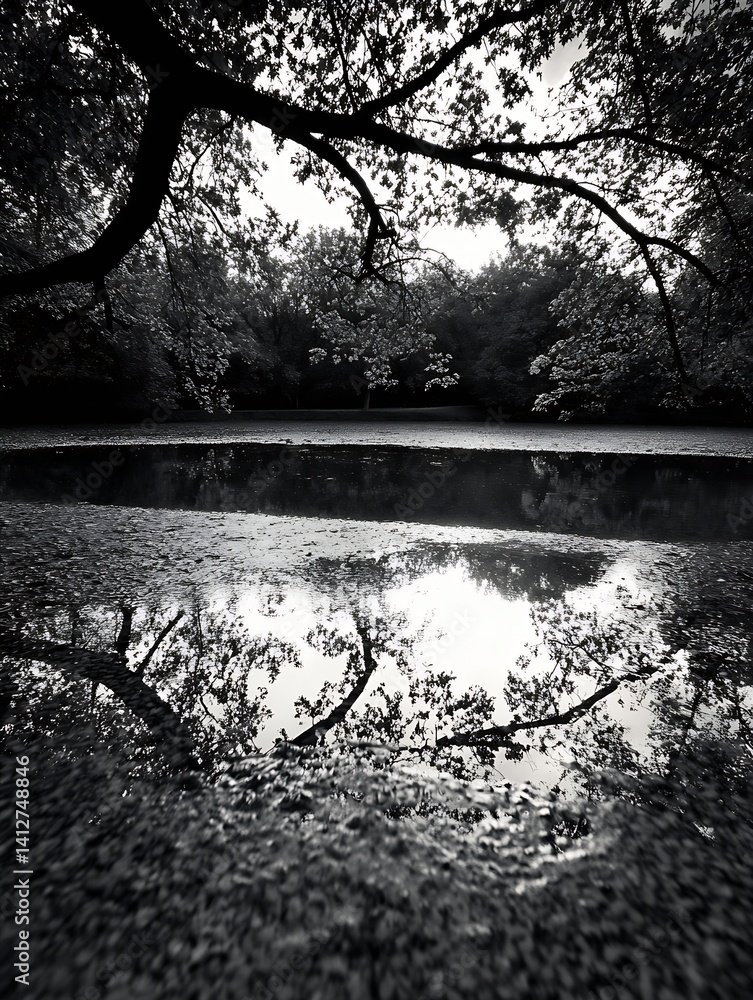 Aufkleber serene black and white landscape with trees reflecting on calm water surface : generative ai