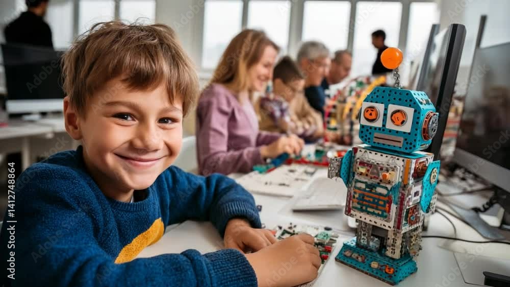 Poster happy male student working on robotics in a classroom setting generative ai