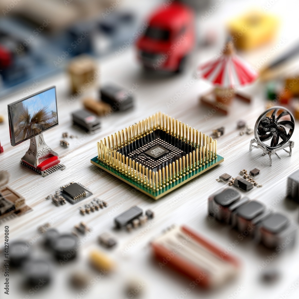 Poster miniaturized world: a macro view of electronic components and whimsical figurines on a clean surface