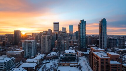 Obraz premium Beautiful city skyline at sunset with winter snowfall in a vibrant urban landscape : Generative AI