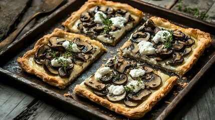 Wild mushroom tart with goat cheese and thyme, served on a rustic tray with balanced light and color