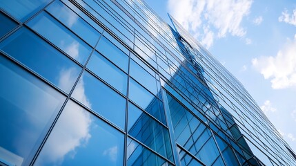 Modern glass skyscraper reflecting bright clouds in a vibrant city skyline under blue sky : Generative AI