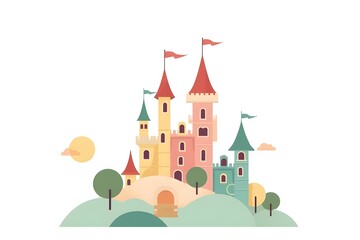Fairytale City Illustration with Towers and Pastel Colors