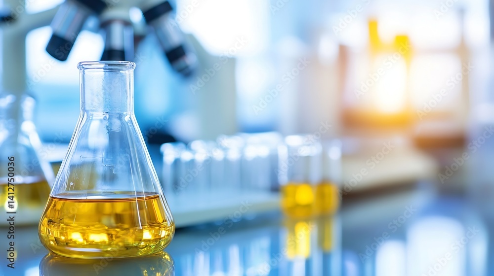 Poster laboratory glassware with colorful liquid and a microscope representing scientific research and inno