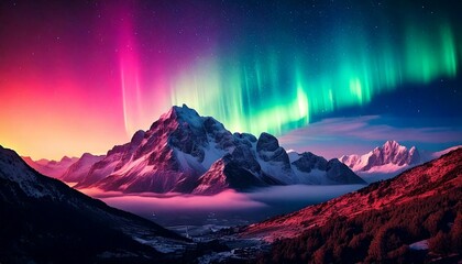 Majestic Snowy Mountains Under Vibrant Northern Lights Sky