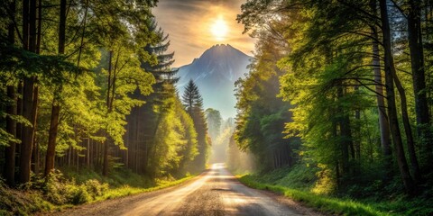 Obraz premium Serene Sunset Road Through Lush Forest Leading to Majestic Mountain