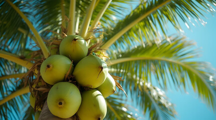 Coconuts Growing on Palm Tree Against Blue Sky