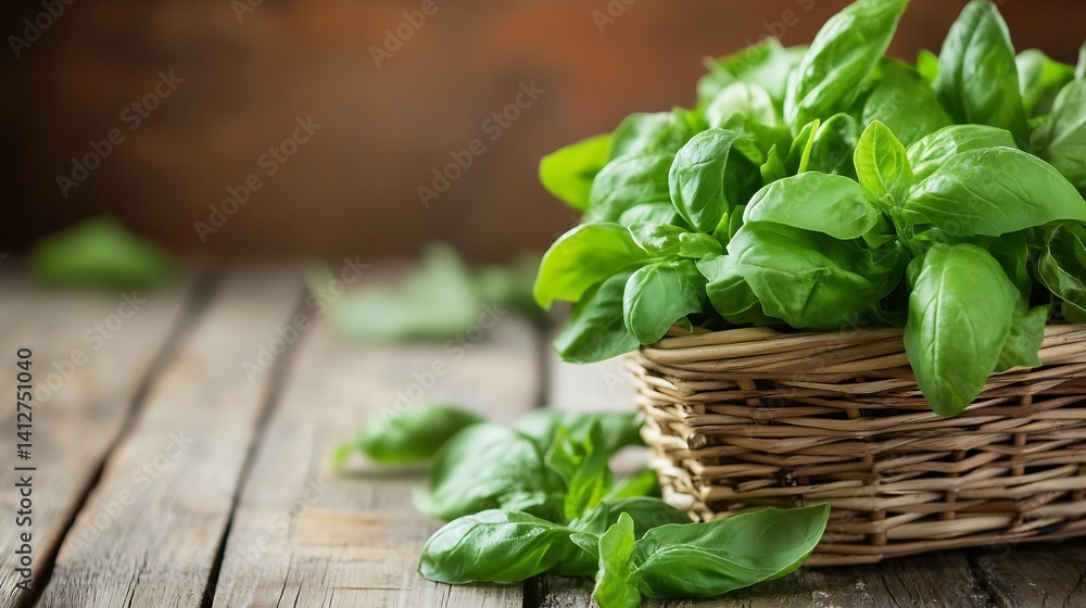 Poster fresh green basil leaves in a rustic wicker basket on wooden table background : generative ai