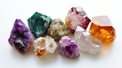 Set of magic healing chakra mineral stones for crystal healing. Natural Colourful stones for cleansing environment from negative energy. Spriritual practices background