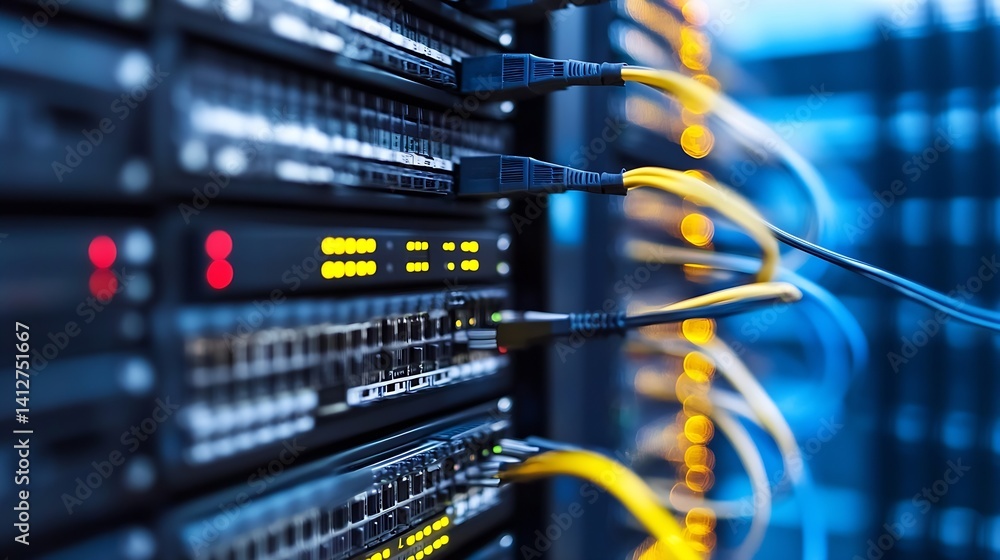 Fototapete Close up of server equipment with glowing lights and network cables in a data center : Generative AI