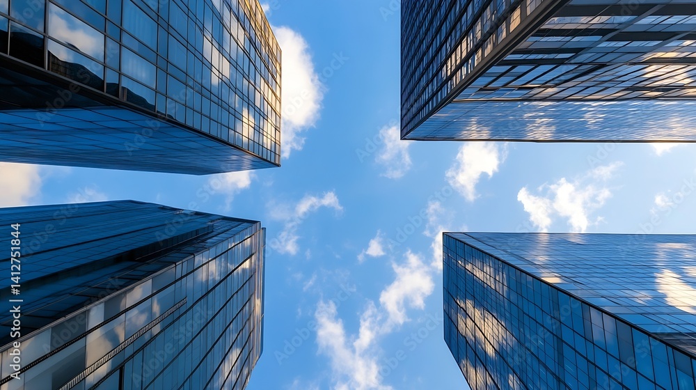 Aufkleber Captivating view of skyscrapers from below with a blue sky and scattered clouds : Generative AI