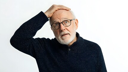 Obraz premium Puzzled man wearing glasses and sweater scratches head, looking at camera with a white background behind him, and showing emotion.