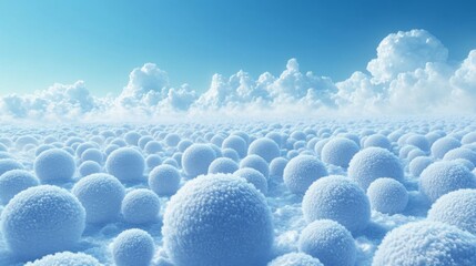 Dreamlike Fluffy White Spheres in a Blue Sky Landscape