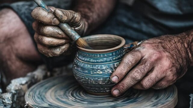Hands Carefully Paint Intricate Designs on Pottery at Workshop Generative AI