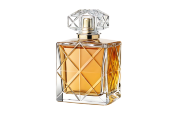 Luxury perfume bottle with golden liquid on transparent background