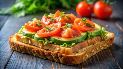Delicious Open-Faced Sandwich with Tomato and Cucumber Slices on Whole Grain Bread
